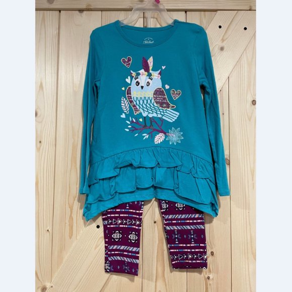 5/$20 NEW 2Pc 5 Girls Sparkly Owl Shirt & Pant Outfit - Picture 1 of 3